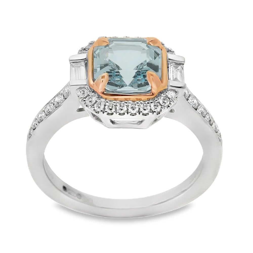 9ct White & Rose Gold Aquamarine & Diamond Ring - Size M -0.35ct