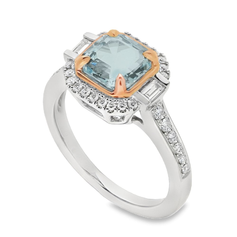9ct White & Rose Gold Aquamarine & Diamond Ring - Size M -0.35ct