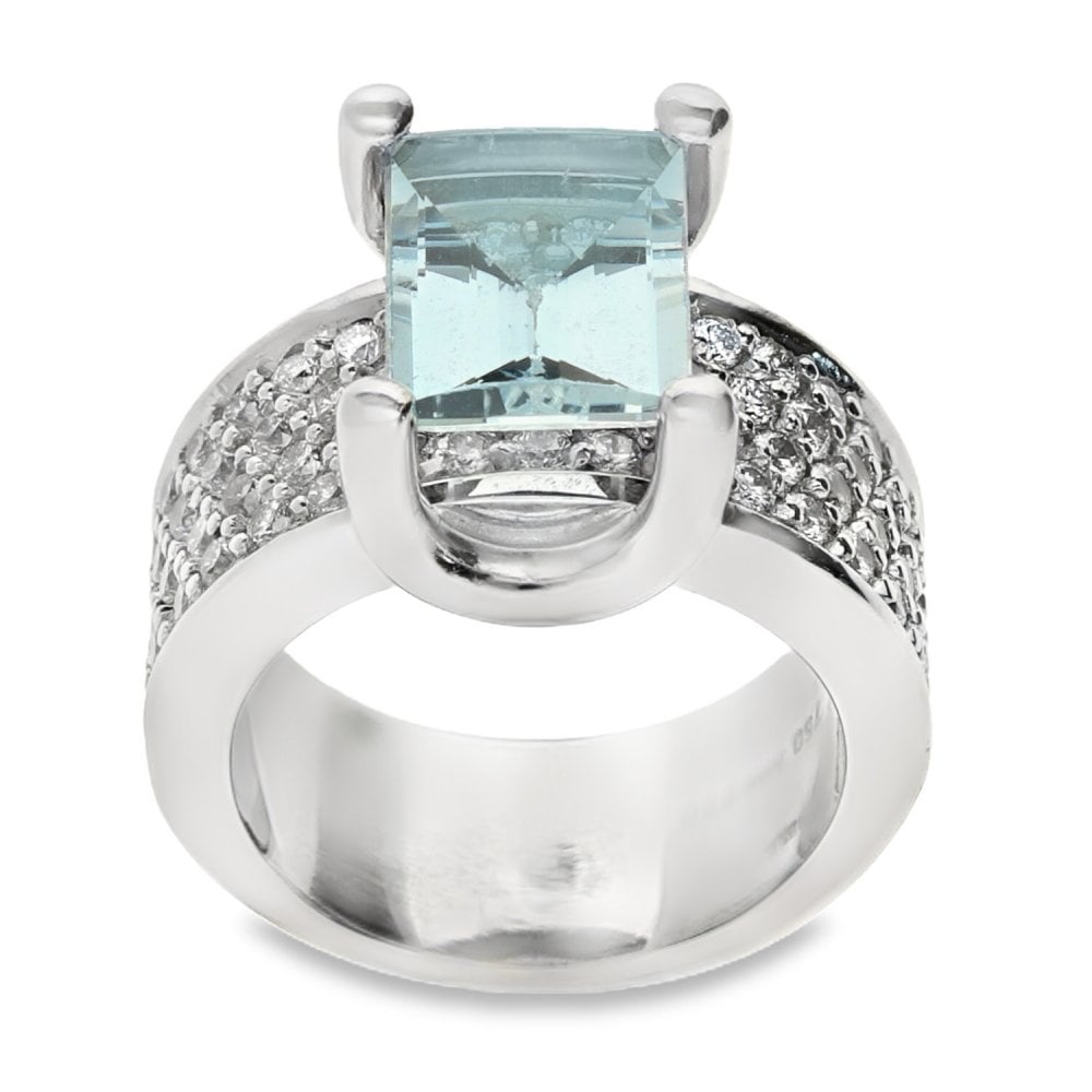 Ladies 18ct White Gold Aquamarine Diamond Ring - Size K