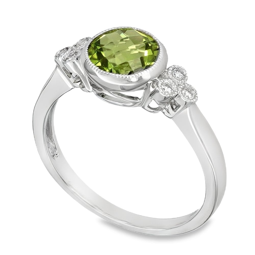 9ct White Gold Peridot & Diamond Ring - Size M