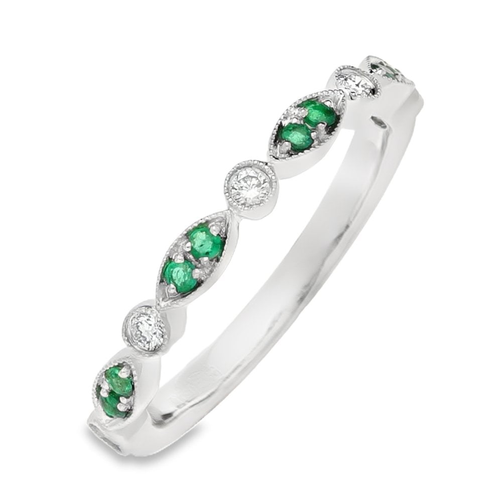 Ladies 18ct White Gold Emerald & Diamond Stacker Ring