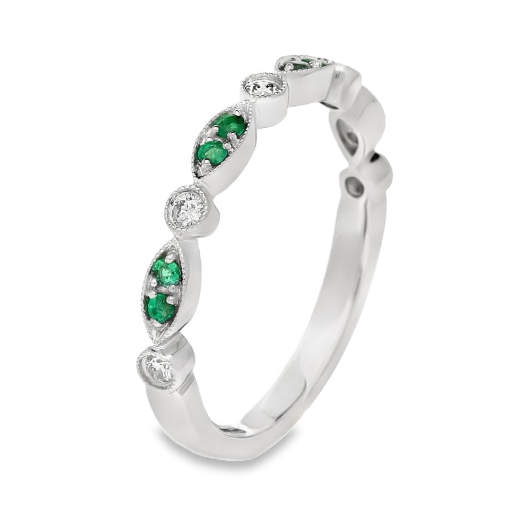Ladies 18ct White Gold Emerald & Diamond Stacker Ring