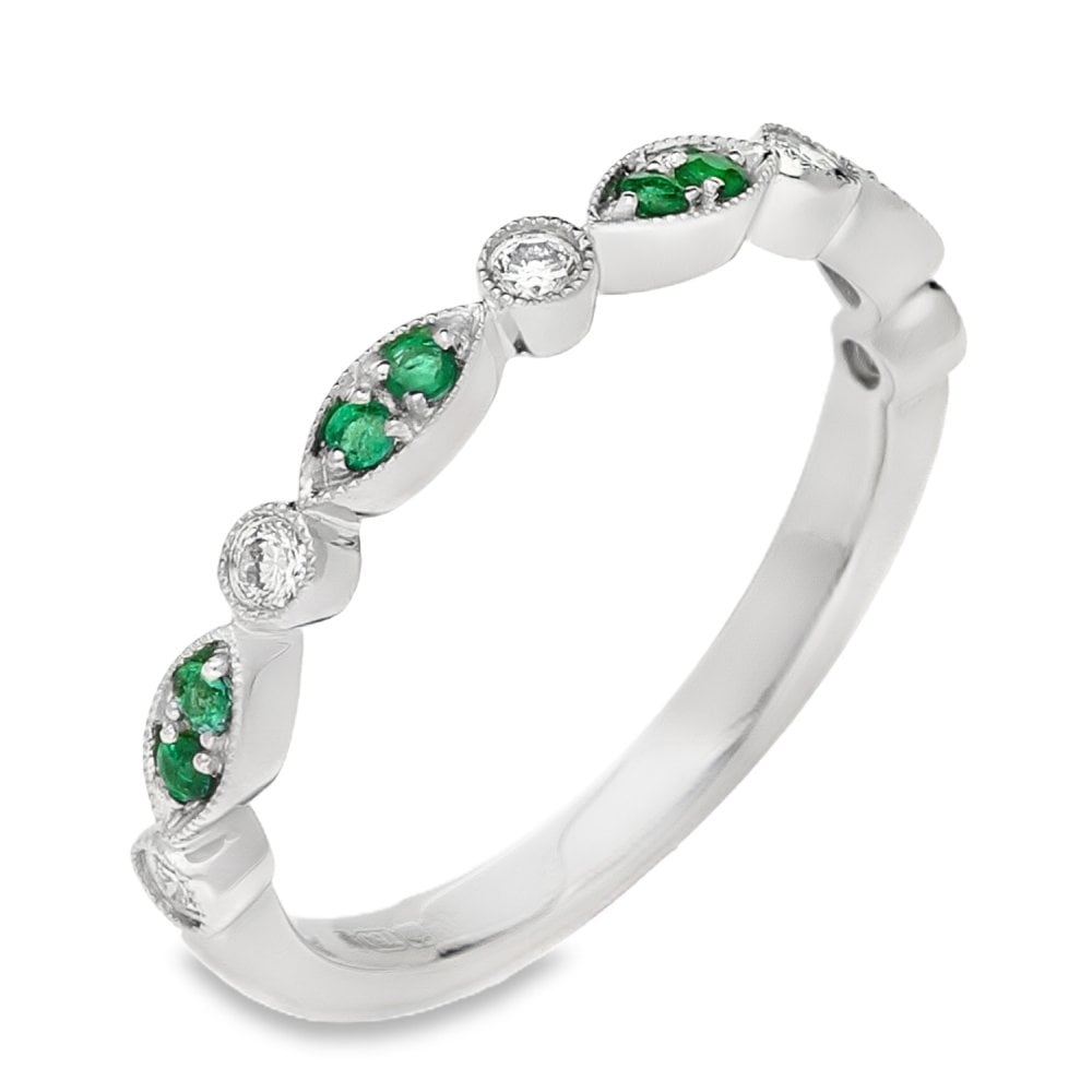 Ladies 18ct White Gold Emerald & Diamond Stacker Ring