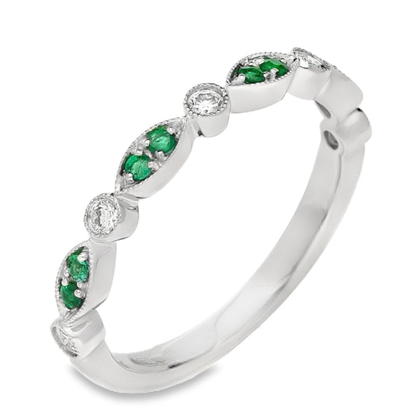 Ladies 18ct White Gold Emerald & Diamond Stacker Ring