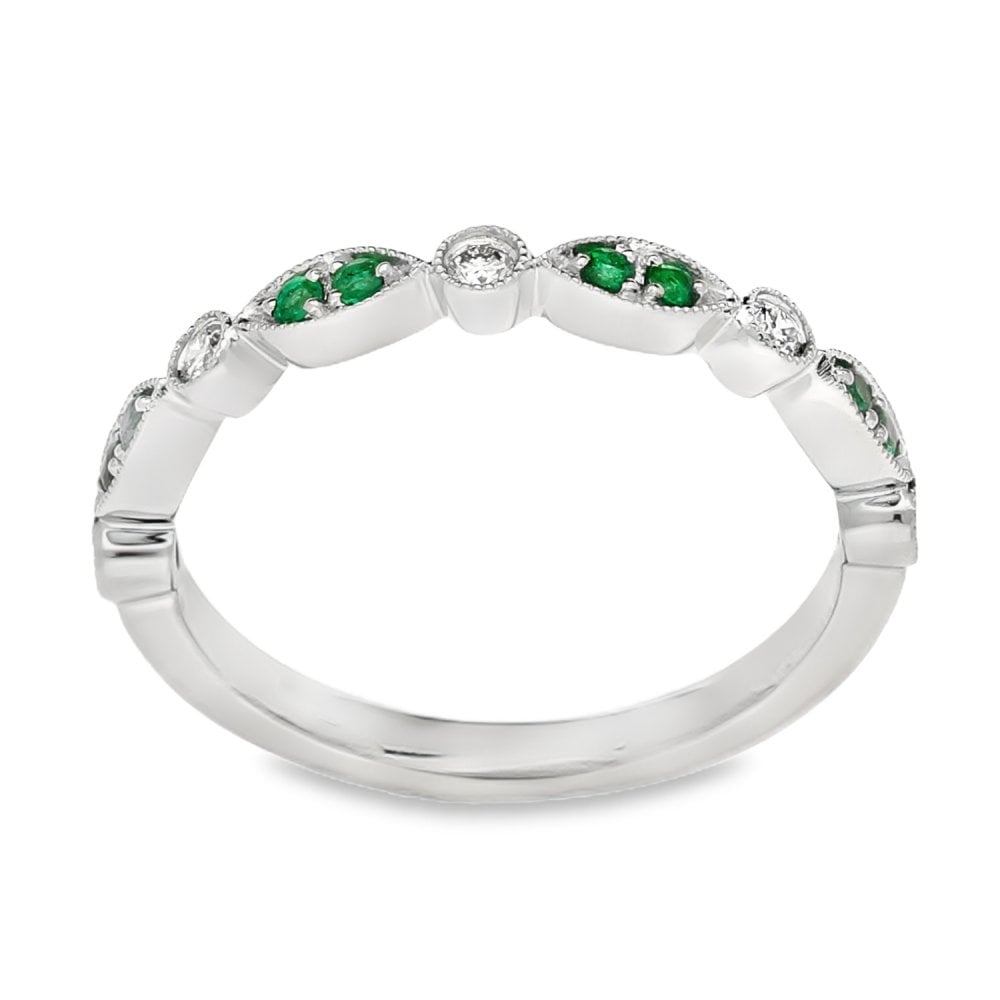 Ladies 18ct White Gold Emerald & Diamond Stacker Ring