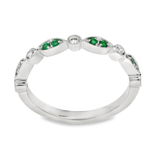 Ladies 18ct White Gold Emerald & Diamond Stacker Ring
