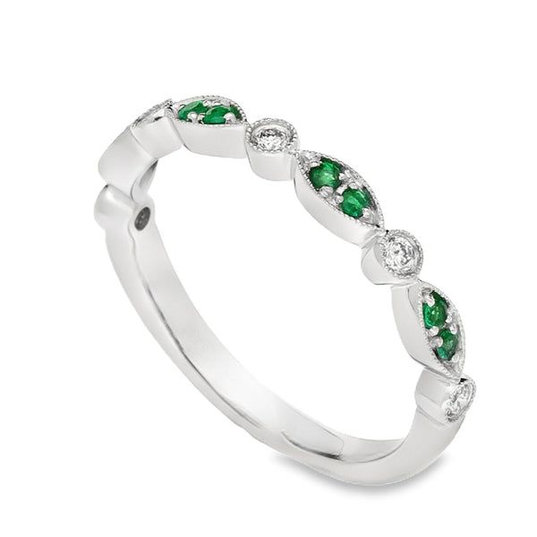 Ladies 18ct White Gold Emerald & Diamond Stacker Ring