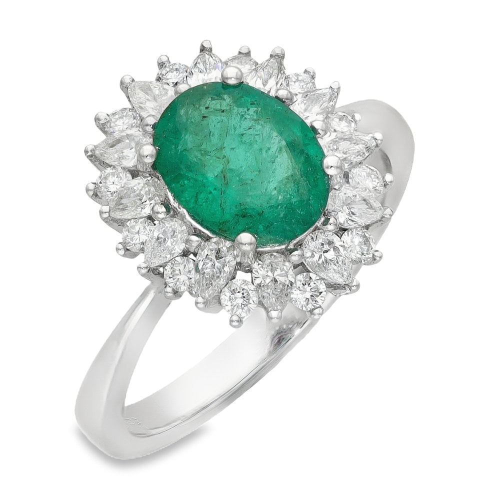 18ct White Gold Diamond & Emerald Cluster Ring