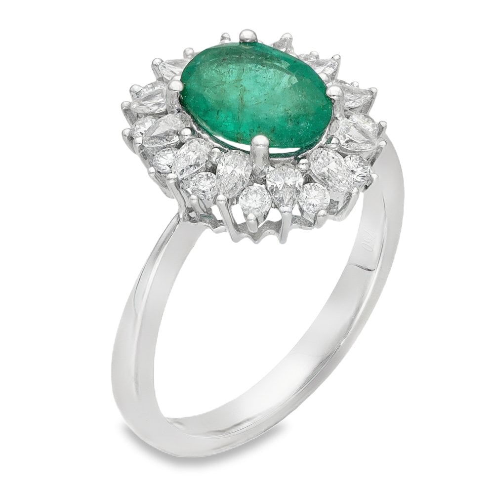 18ct White Gold Diamond & Emerald Cluster Ring