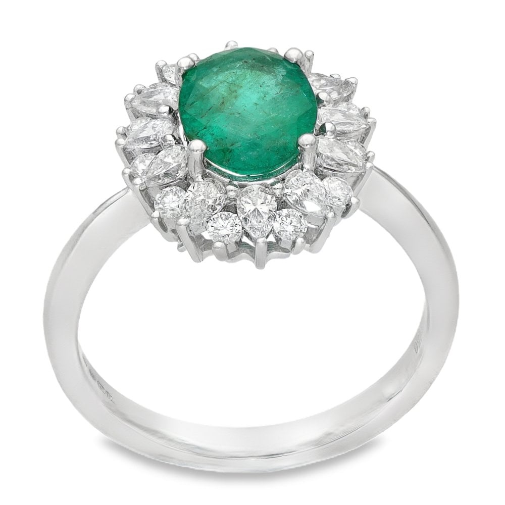 18ct White Gold Diamond & Emerald Cluster Ring