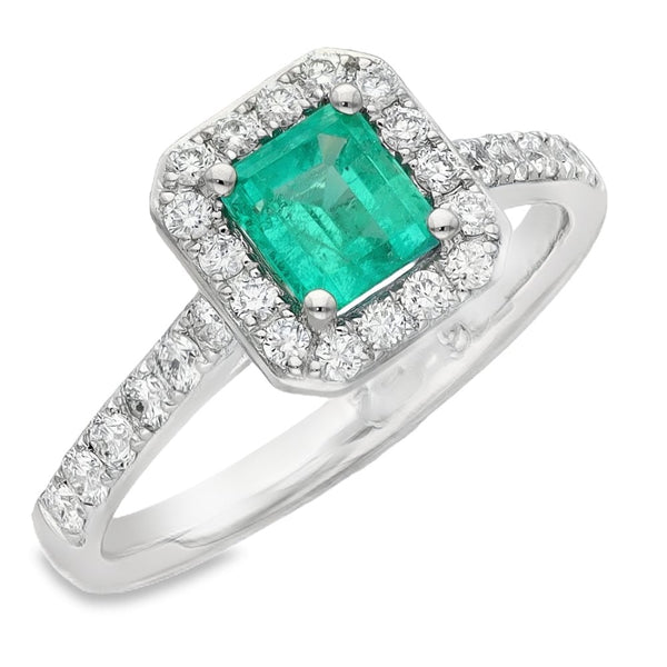 Ladies Platinum Diamond & Emerald Halo Cluster Ring - Size L