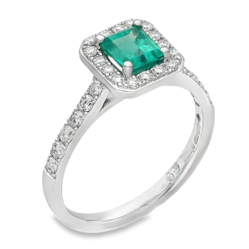 Ladies Platinum Diamond & Emerald Halo Cluster Ring - Size L