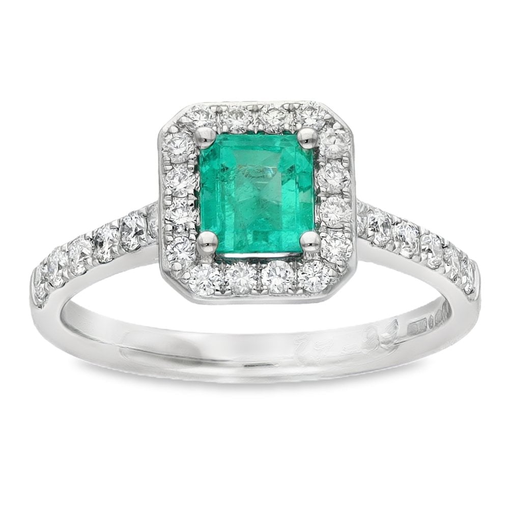 Ladies Platinum Diamond & Emerald Halo Cluster Ring - Size L