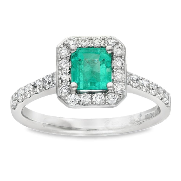 Ladies Platinum Diamond & Emerald Halo Cluster Ring - Size L