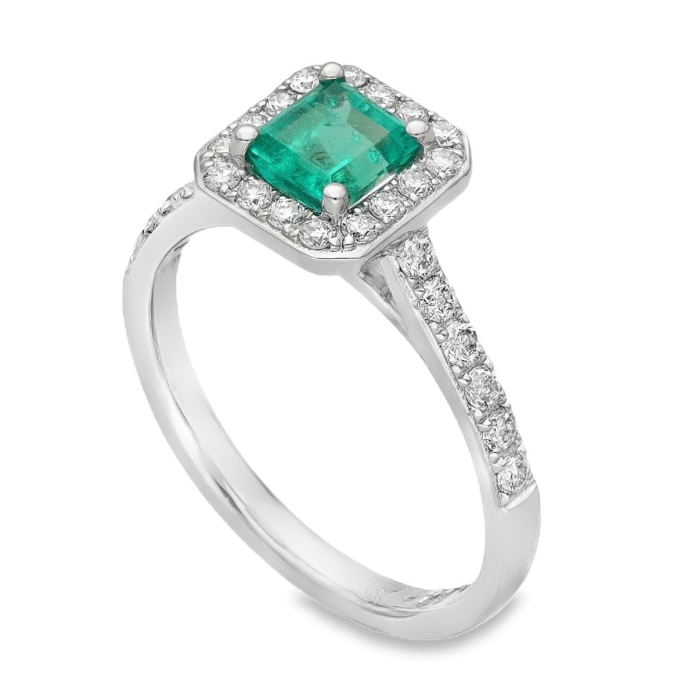 Ladies Platinum Diamond & Emerald Halo Cluster Ring - Size L