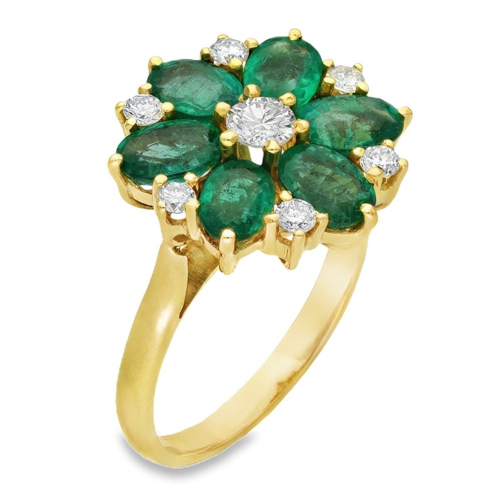 Ladies 18ct Yellow Gold Diamond & Emerald Cluster Ring - Size N