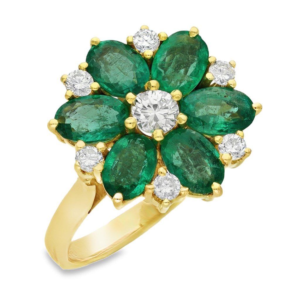 Ladies 18ct Yellow Gold Diamond & Emerald Cluster Ring - Size N