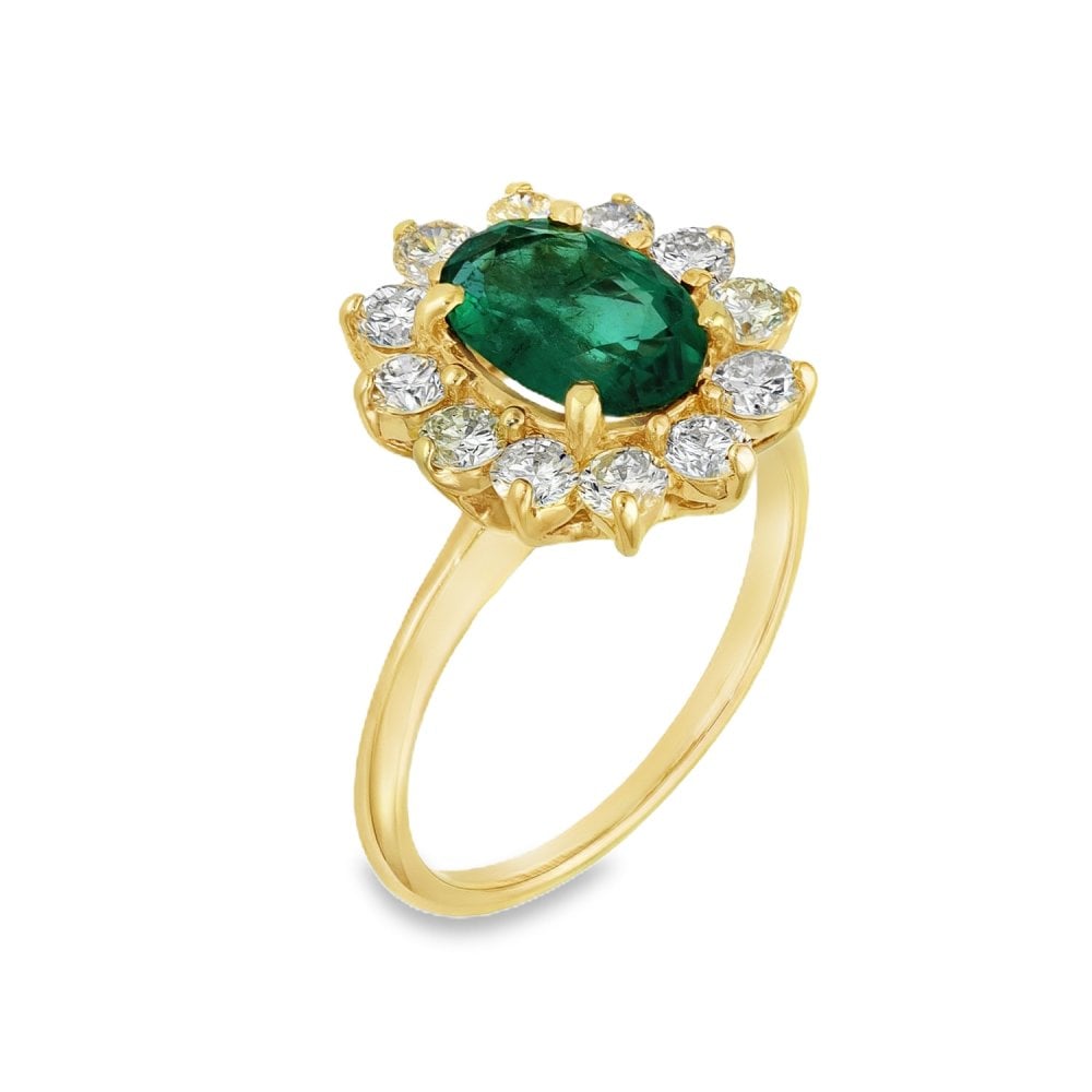 14ct Yellow Gold Diamond & Emerald Cluster Ring - Size J