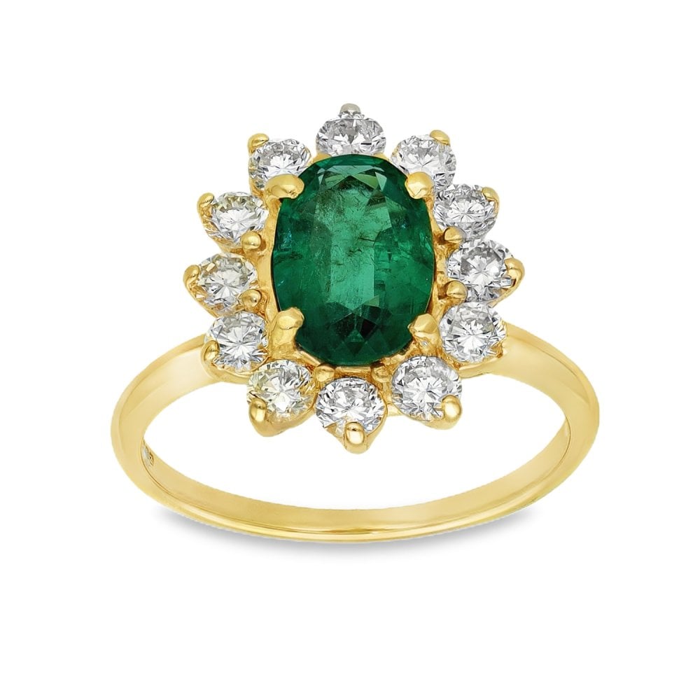 14ct Yellow Gold Diamond & Emerald Cluster Ring - Size J