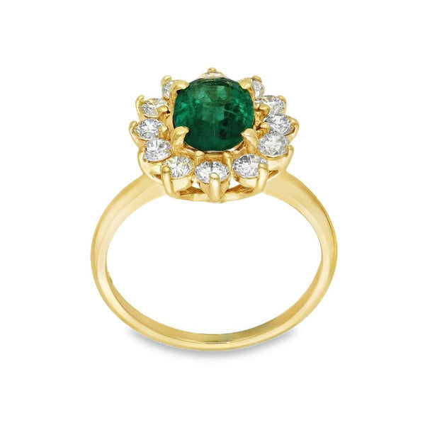 14ct Yellow Gold Diamond & Emerald Cluster Ring - Size J