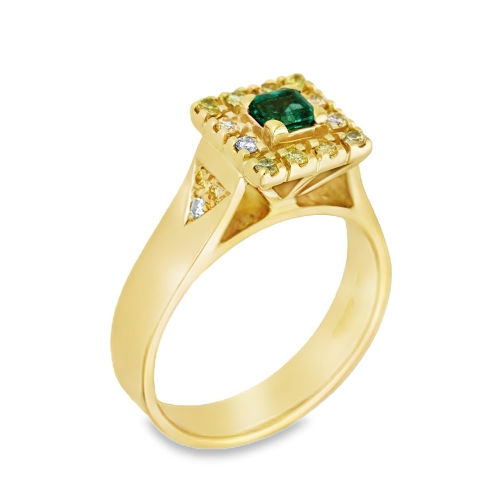 Ladies 18ct Yellow Gold Emerald & Diamond Cluster Ring - Size O