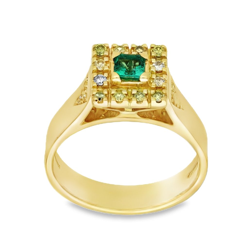 Ladies 18ct Yellow Gold Emerald & Diamond Cluster Ring - Size O
