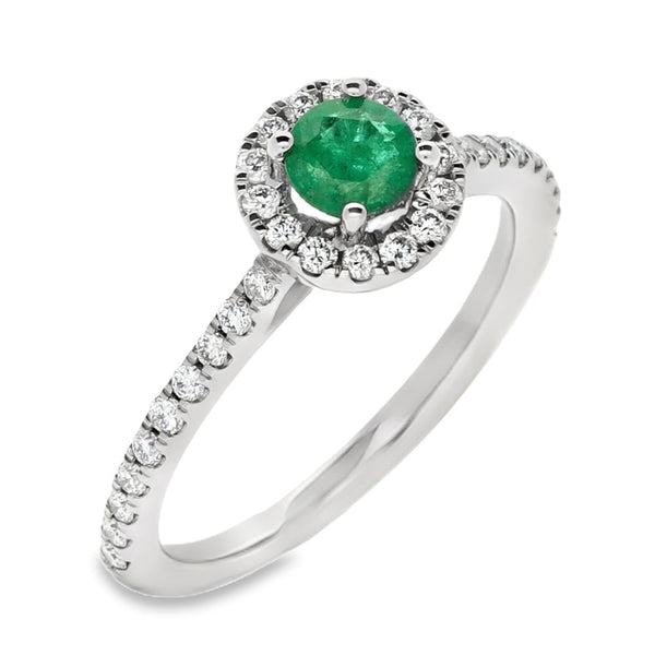 Ladies Platinum Diamond and Emerald Halo Ring - Size M