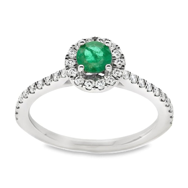 Ladies Platinum Diamond and Emerald Halo Ring - Size M