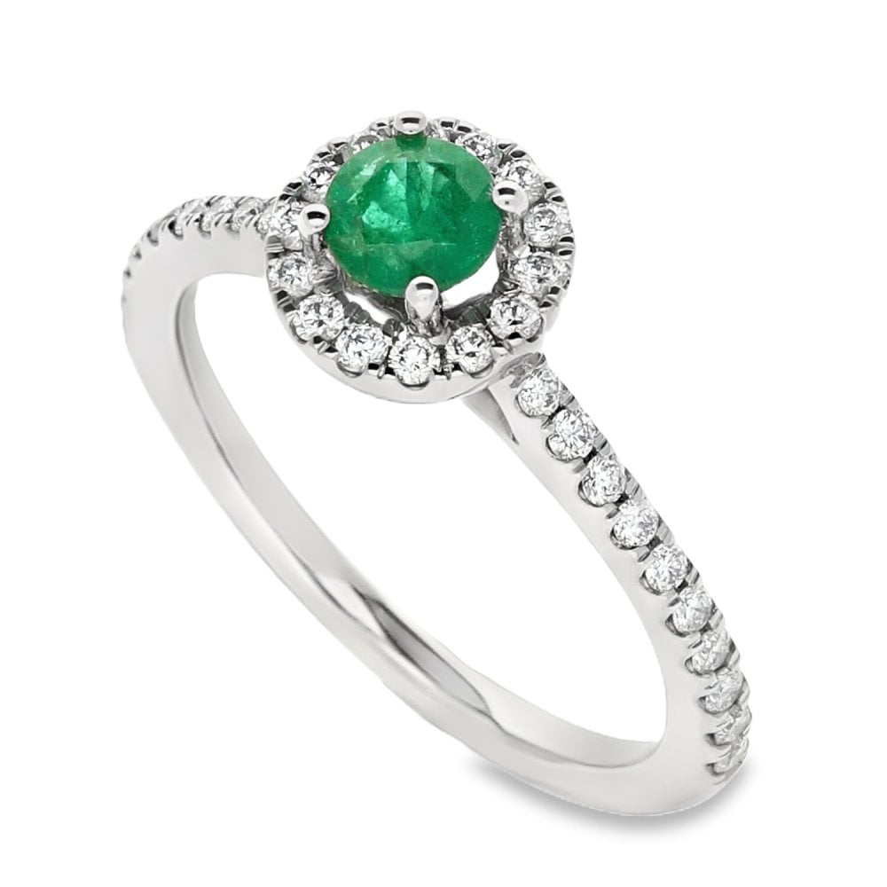 Ladies Platinum Diamond and Emerald Halo Ring - Size M