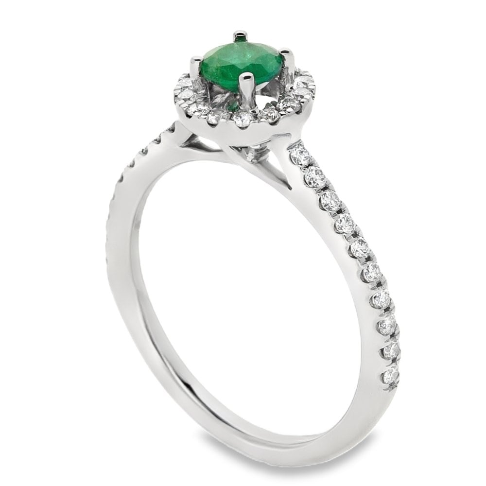 Ladies Platinum Diamond and Emerald Halo Ring - Size M