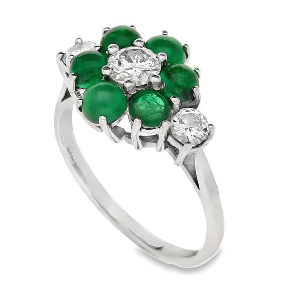 Ladies 18ct White Gold Diamond & Emerald Cluster Ring - Size K