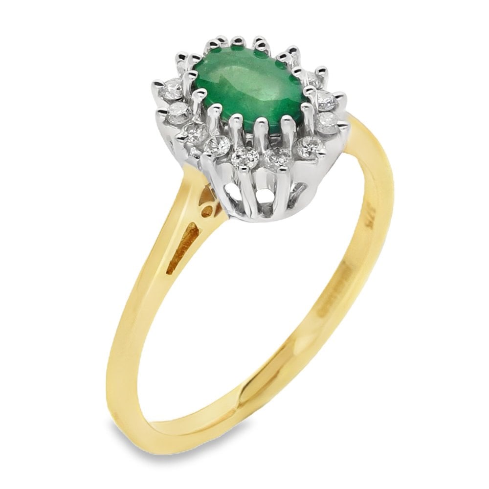 Ladies 9ct Yellow Gold Diamond & Emerald Cluster Ring - Size K