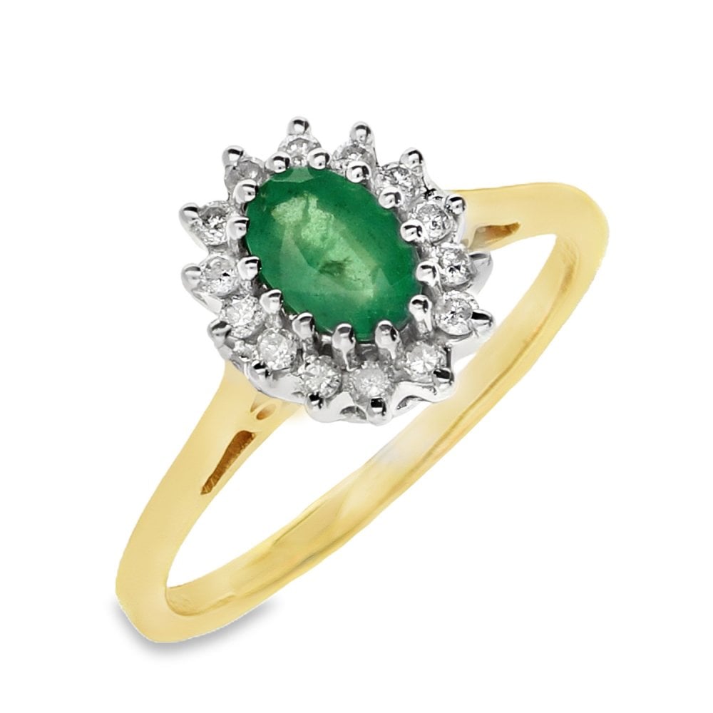 Ladies 9ct Yellow Gold Diamond & Emerald Cluster Ring - Size K