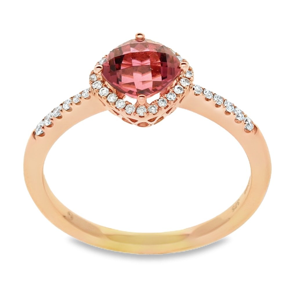 Ladies 9ct Rose Gold Diamond And Pink Tourmaline Ring - 0.15ct