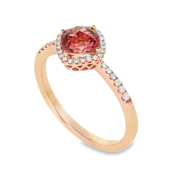 Ladies 9ct Rose Gold Diamond And Pink Tourmaline Ring - 0.15ct