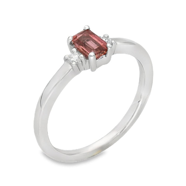 Ladies 9ct White Gold Diamond & Pink Tourmaline Ring - Size J