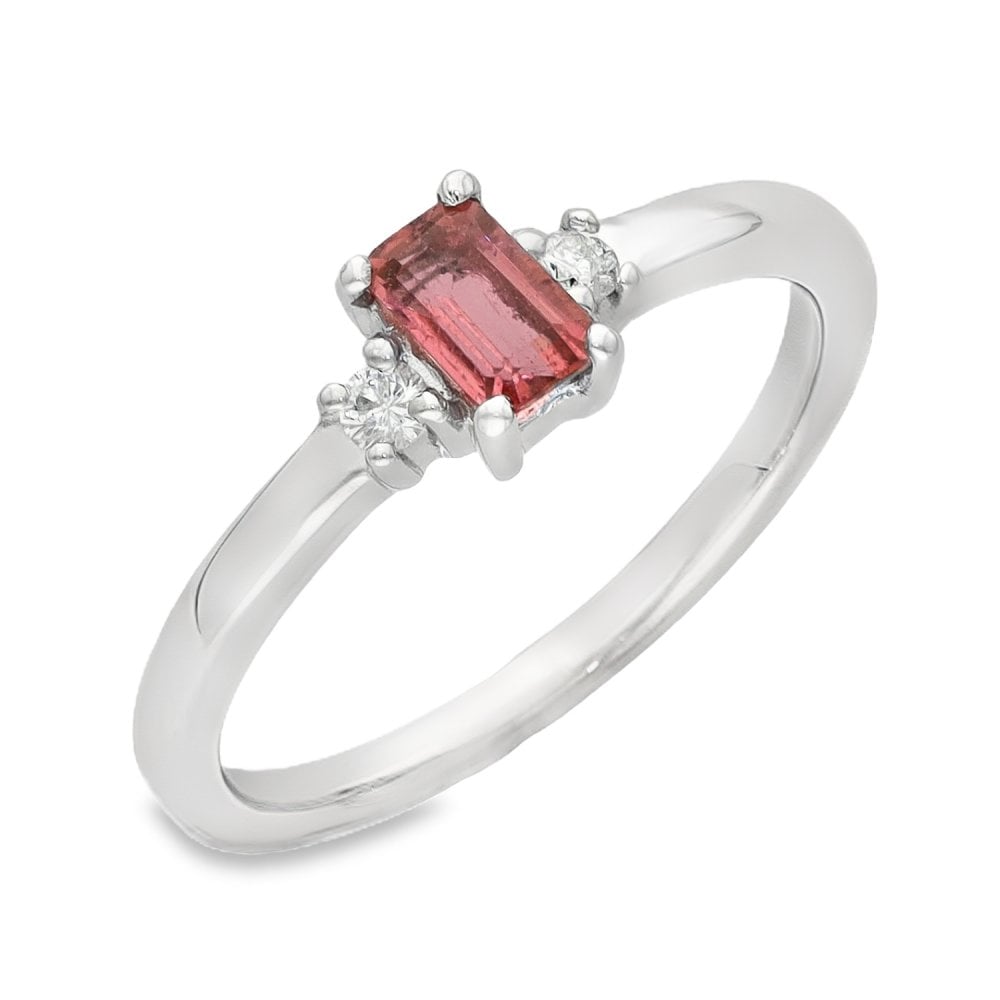 Ladies 9ct White Gold Diamond & Pink Tourmaline Ring - Size J