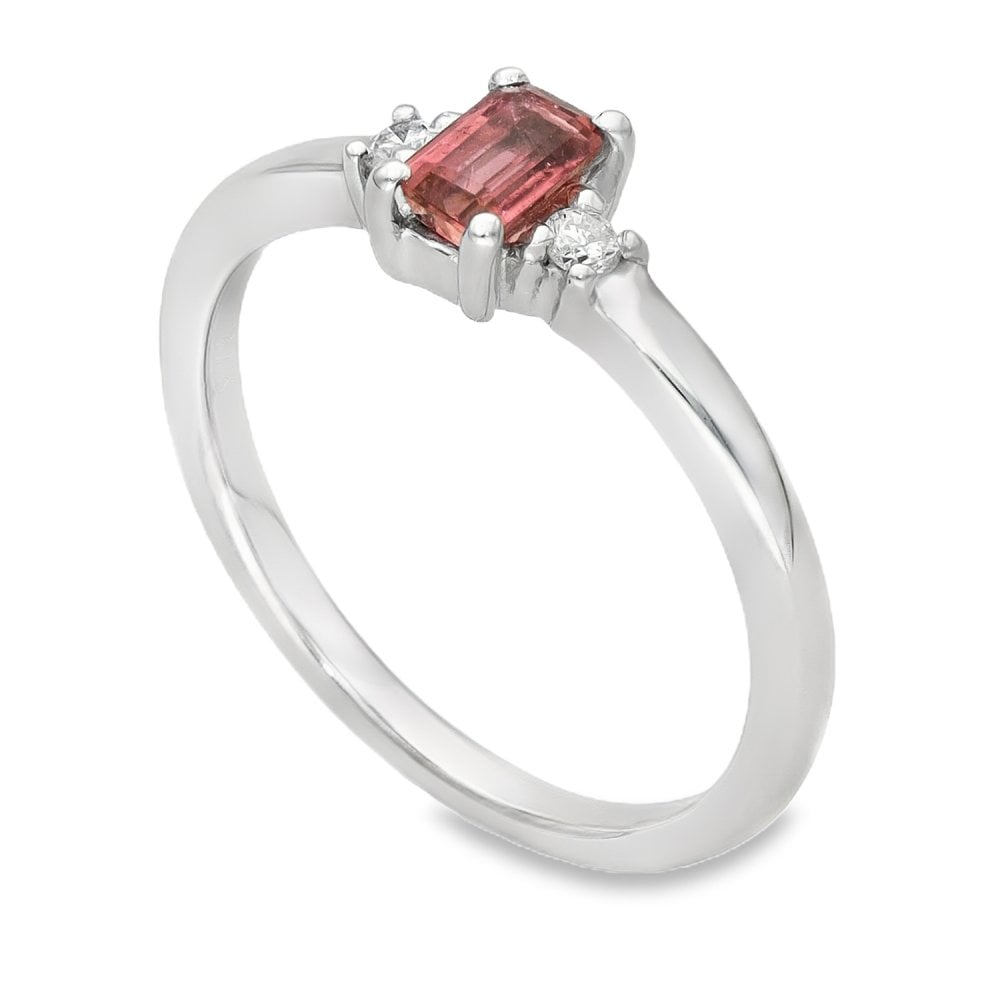 Ladies 9ct White Gold Diamond & Pink Tourmaline Ring - Size J