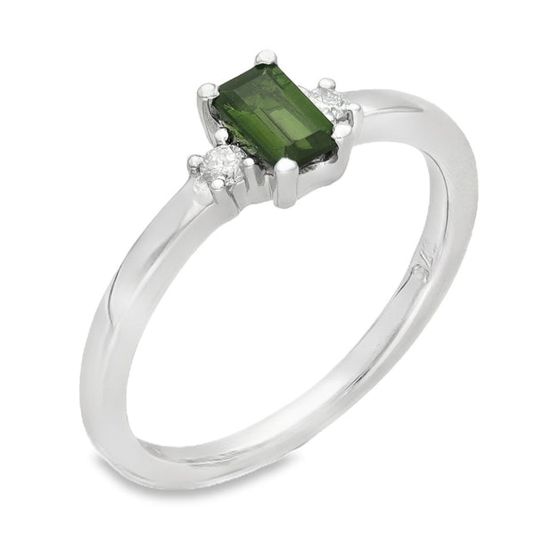 Ladies 9ct White Gold Diamond & Green Tourmaline - Size J