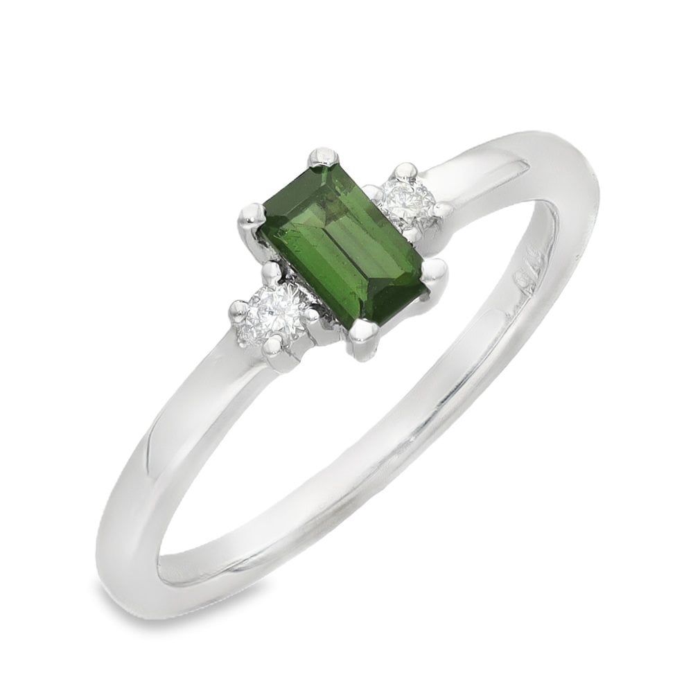 Ladies 9ct White Gold Diamond & Green Tourmaline - Size J