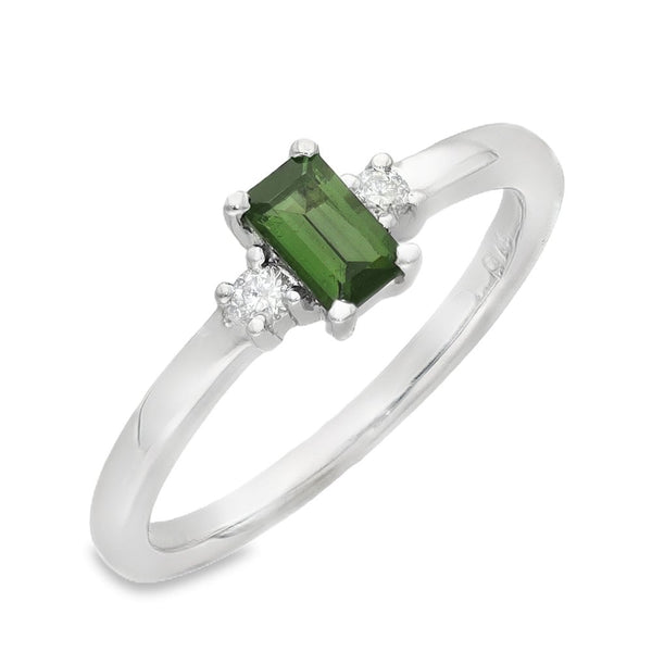 Ladies 9ct White Gold Diamond & Green Tourmaline - Size J