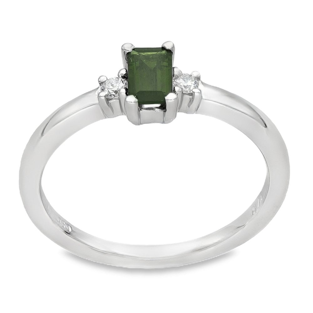 Ladies 9ct White Gold Diamond & Green Tourmaline - Size J