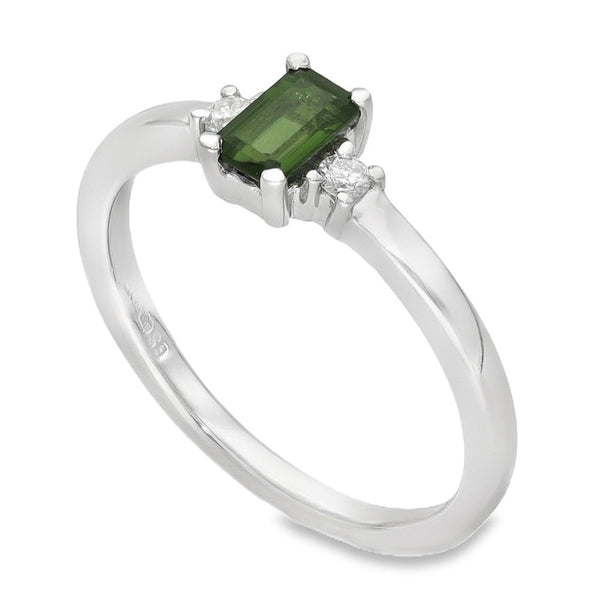 Ladies 9ct White Gold Diamond & Green Tourmaline - Size J