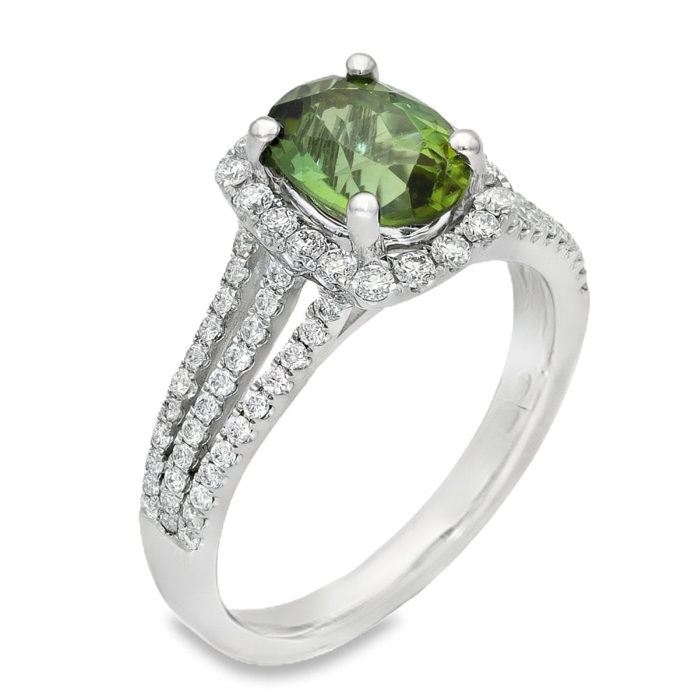 18ct White Gold Diamond & Green Tourmaline Cluster Ring - 0.50ct