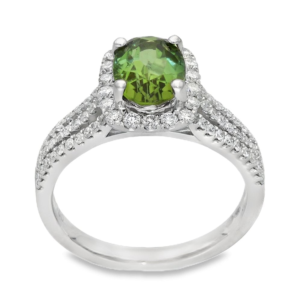 18ct White Gold Diamond & Green Tourmaline Cluster Ring - 0.50ct