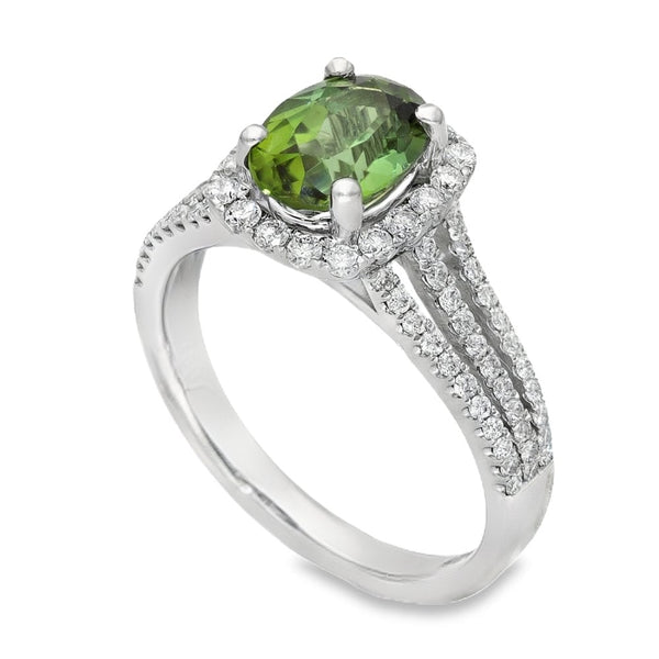 18ct White Gold Diamond & Green Tourmaline Cluster Ring - 0.50ct