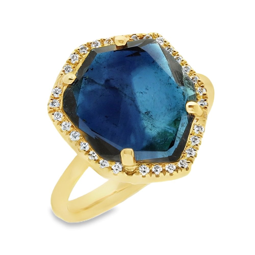 18ct Yellow Gold Indicolite Tourmaline & Diamond Ring - 0.14ct