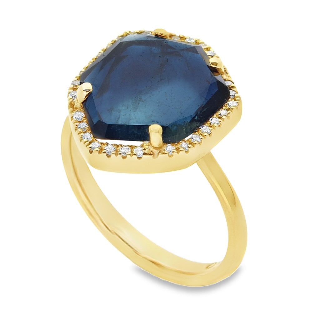 18ct Yellow Gold Indicolite Tourmaline & Diamond Ring - 0.14ct