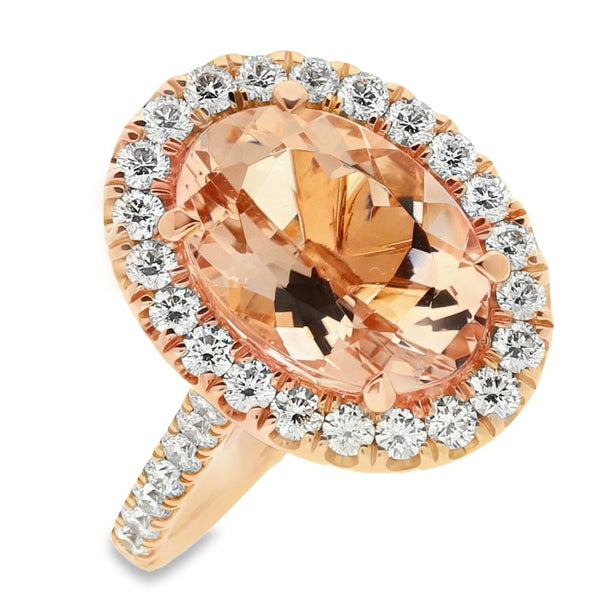 18ct Rose Gold Oval Morganite & Diamond Ring - Size M - 1.20ct