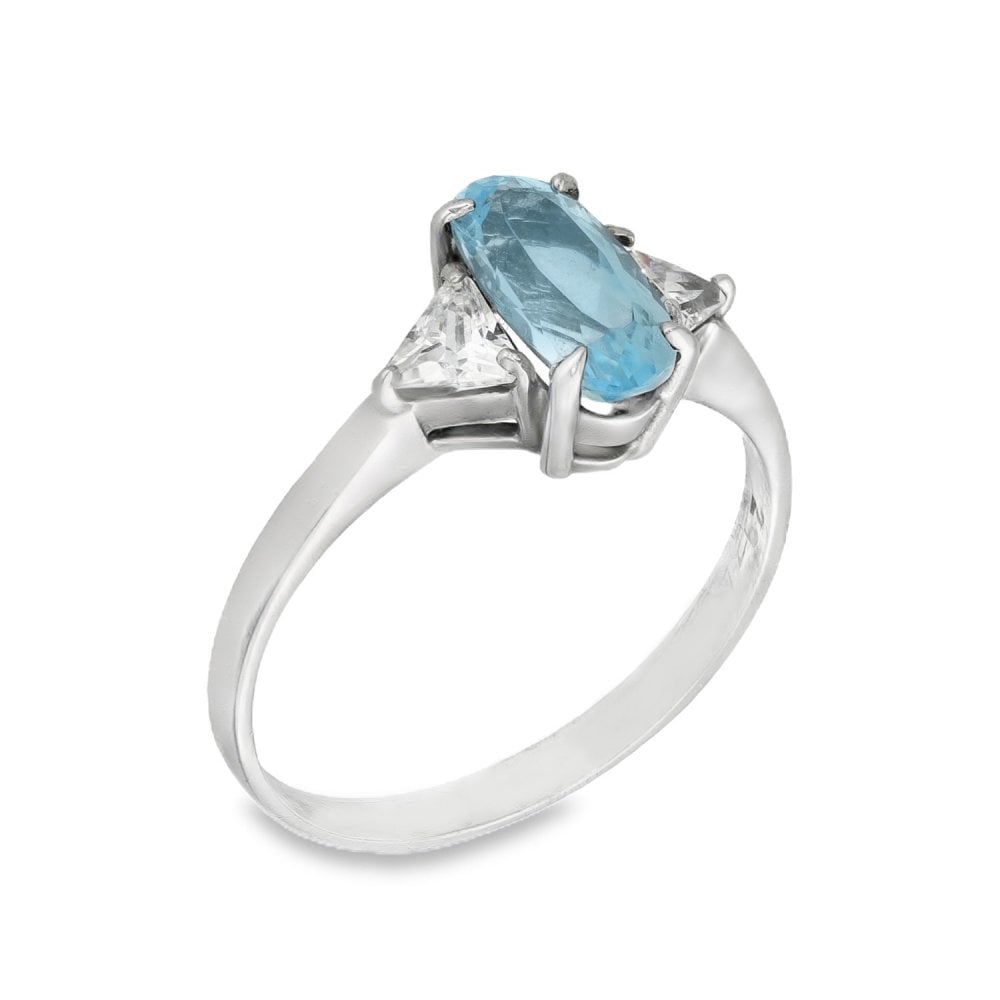 9ct White Gold Oval-Cut Blue Topaz & Cubic Zirconia Trilogy Ring